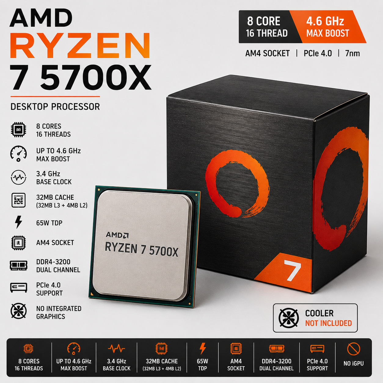 AMD Ryzen 7 5700X Desktop Processor | 8 yadro 16 oqim | AM4