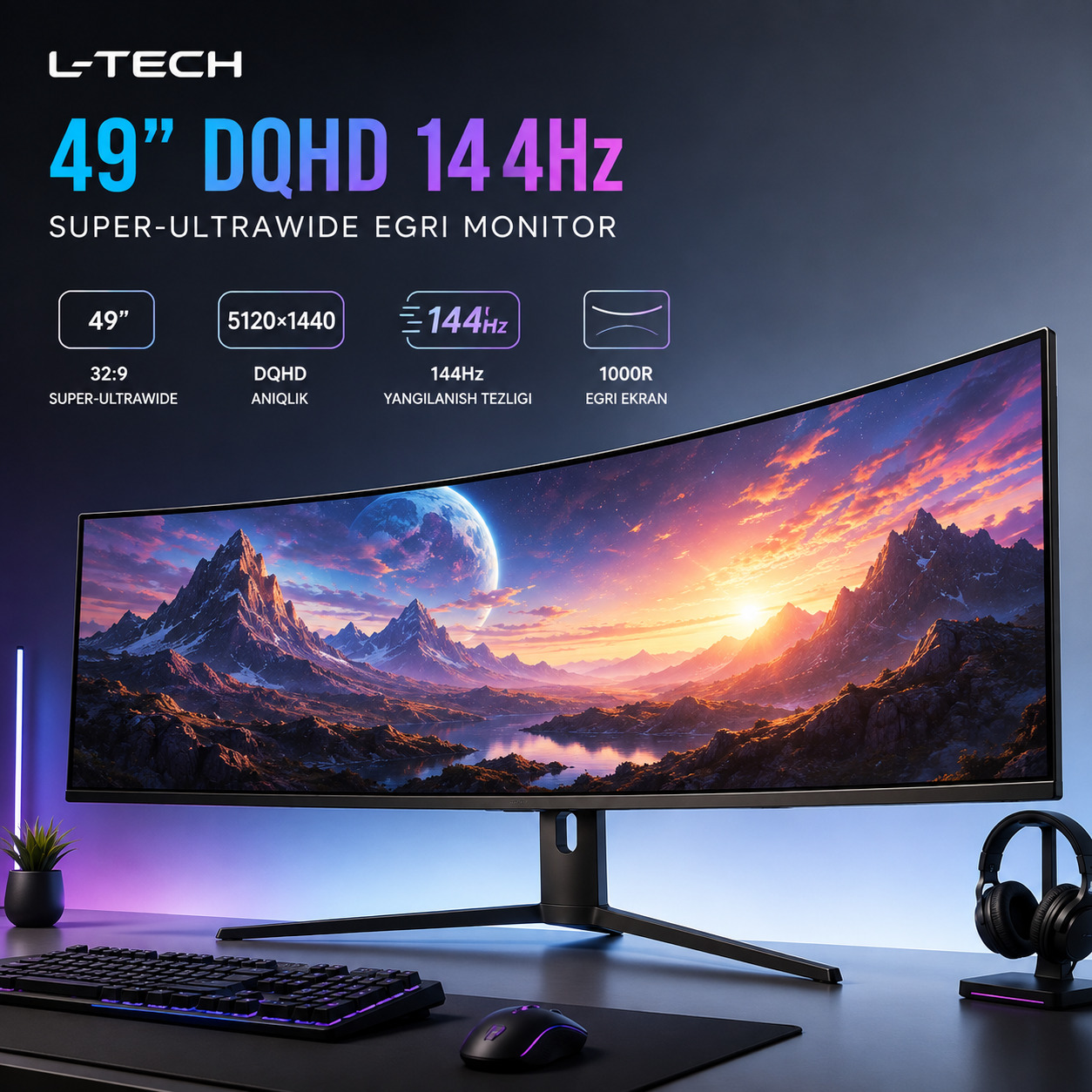 L-TECH 49 dyuym DQHD 144Hz Super-Ultrawide Egri Monitor