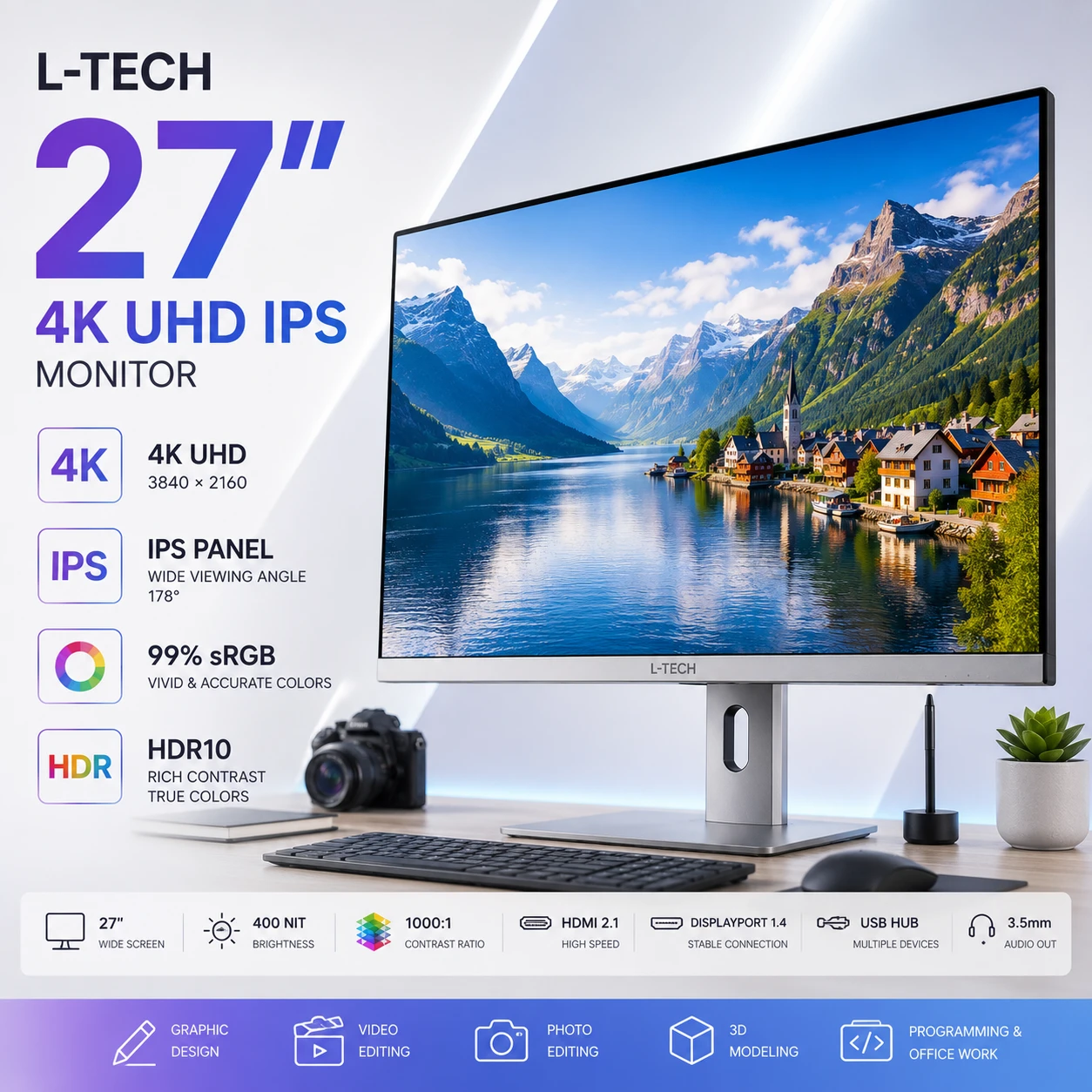 L-TECH 27 dyuym 4K UHD IPS Monitor | 27-inch 4K UHD IPS Monitor | Монитор 27 inch 4K UHD IPS