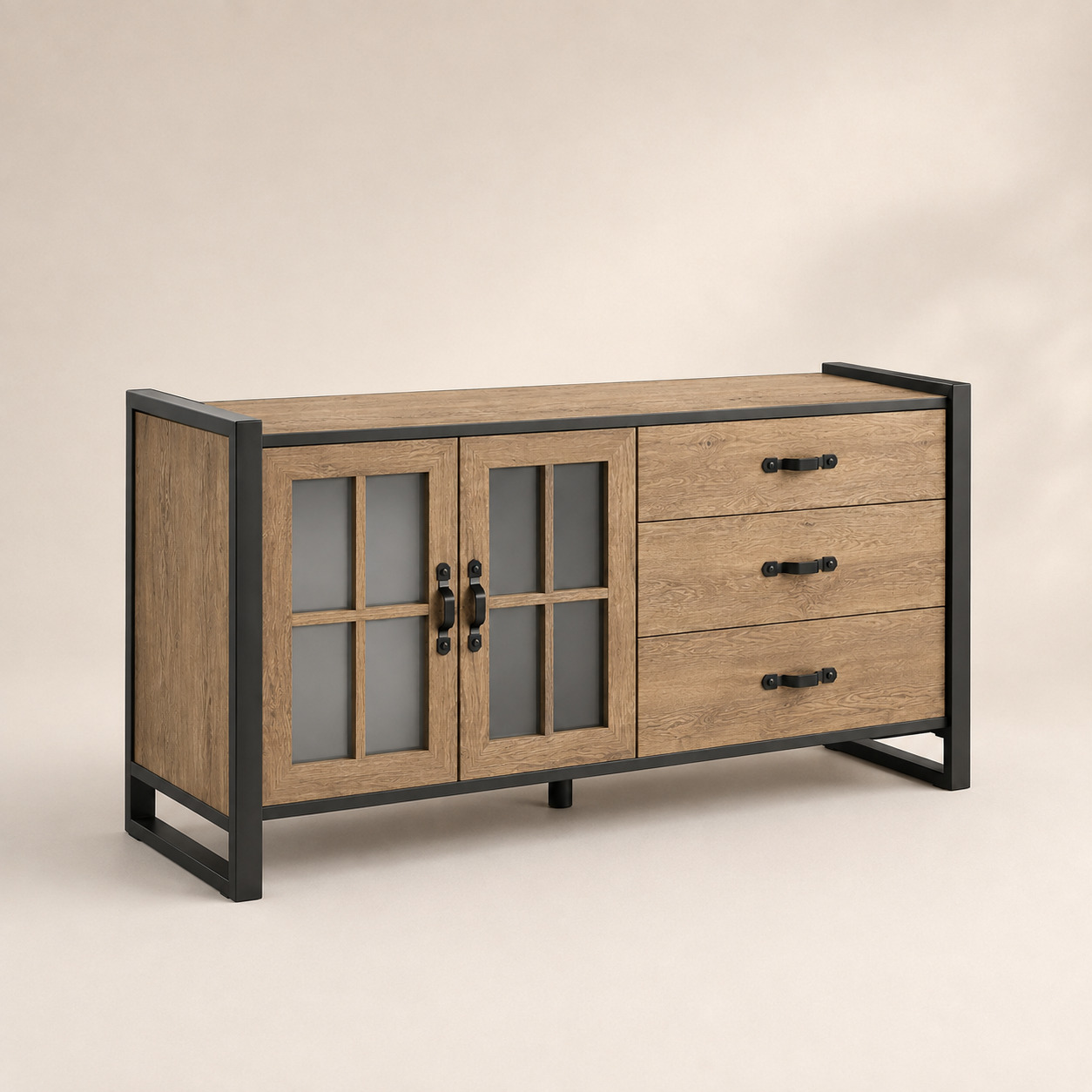 Sideboard tumba – loft, 2 oynali eshik va 3 tortma, metall karkas (160×45×80 sm)