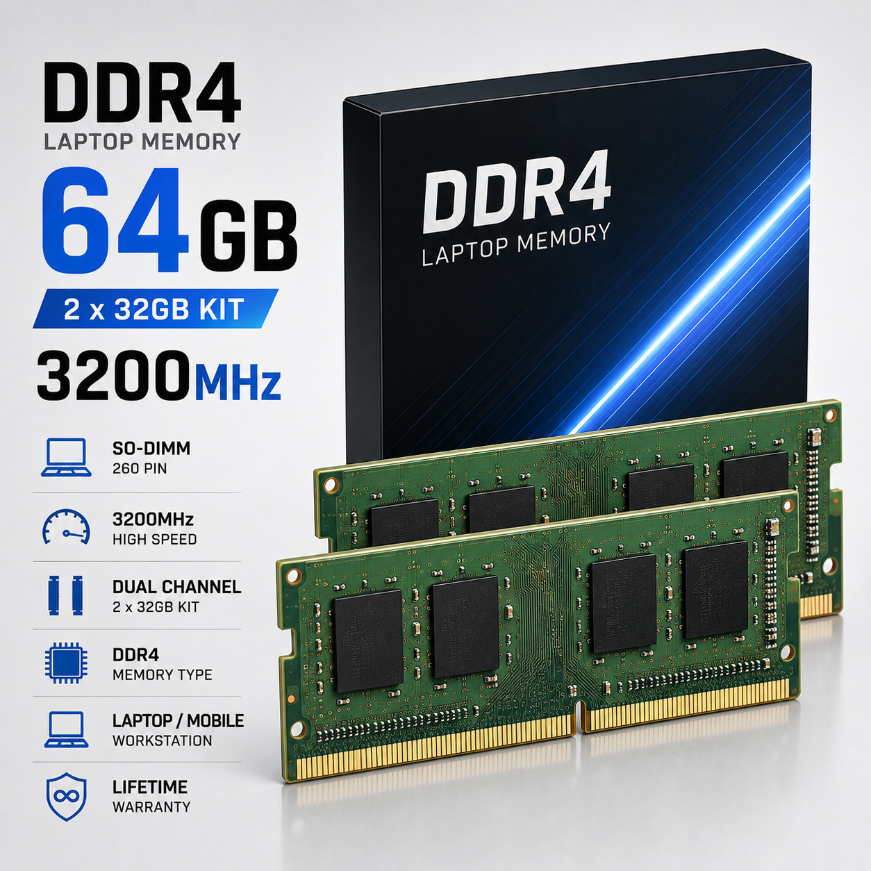 RAM DDR4 64GB (2×32GB) 3200MHz SO-DIMM Laptop Memory Kit