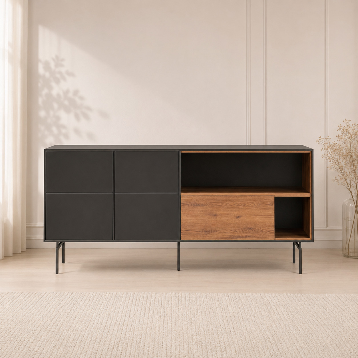 Sideboard tumba – 4 qora fasad, dub tortma va ochiq nishalar (180×40×75 sm)
