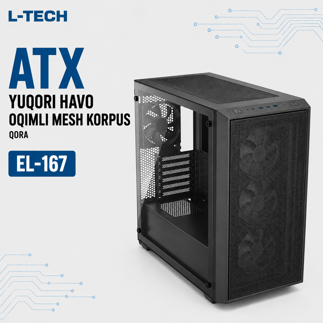 L-TECH ATX Yuqori Havo Oqimli Mesh Korpus | qora