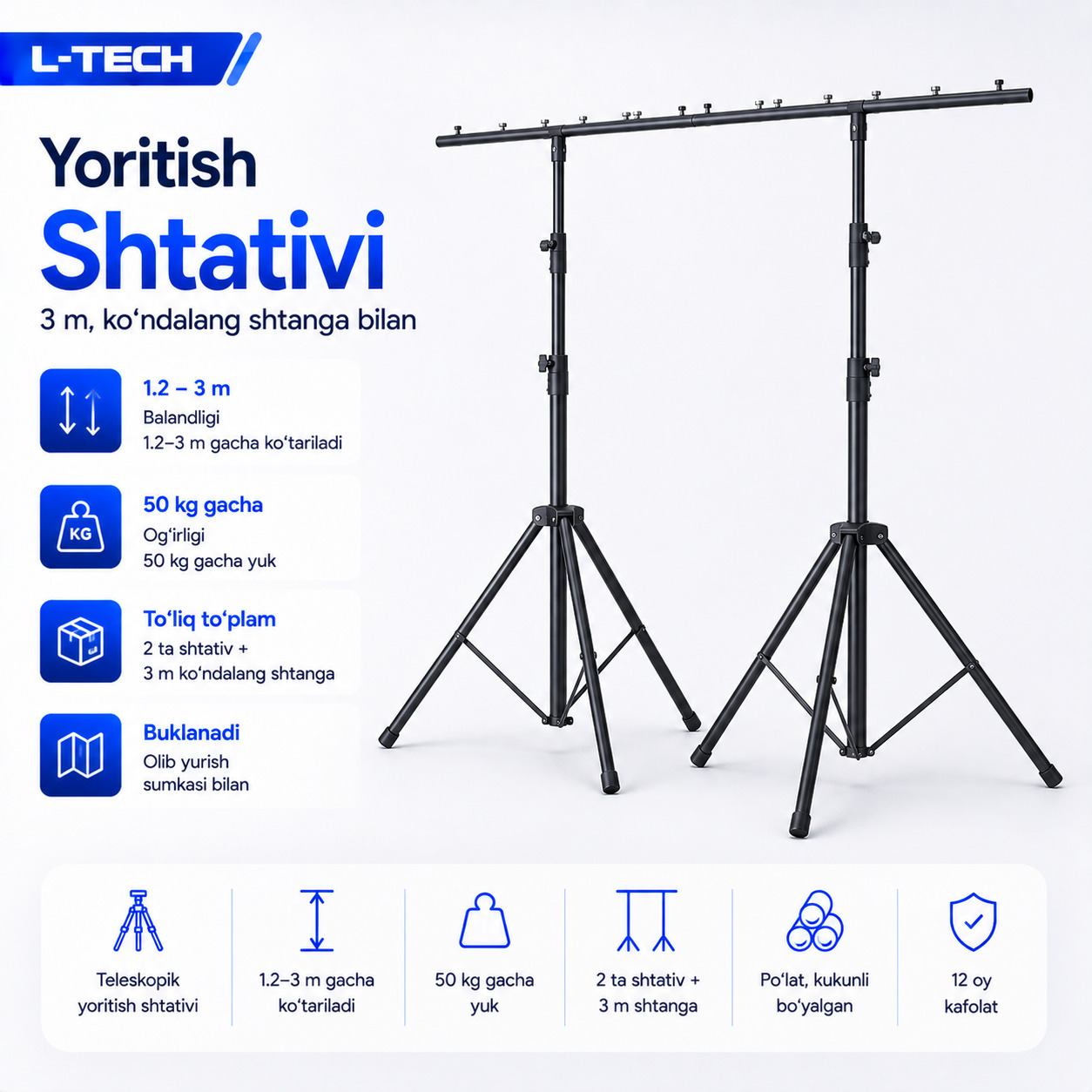 L-TECH Yoritish Shtativi | 3 m, ko‘ndalang shtanga bilan