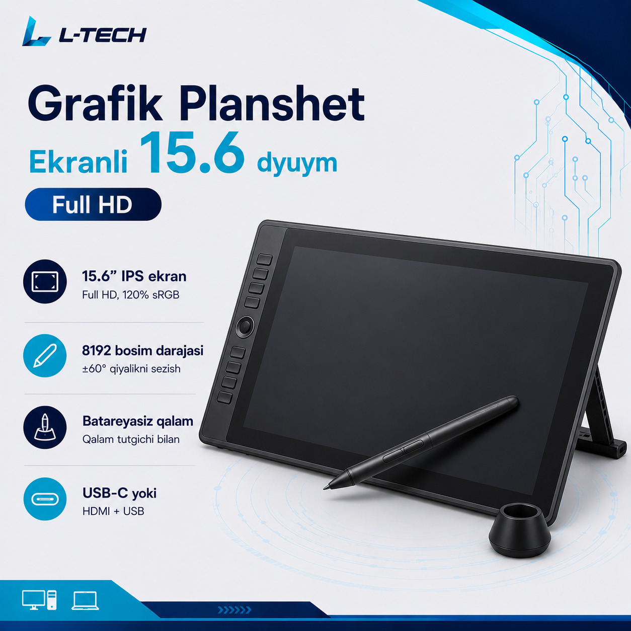L-TECH Grafik Planshet Ekranli 15.6 dyuym | Full HD