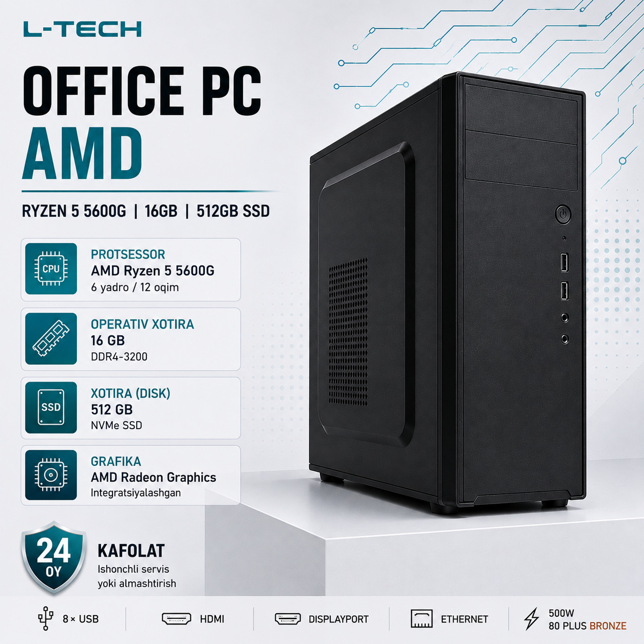 L-TECH Office PC AMD | Ryzen 5 5600G | 16GB | 512GB SSD