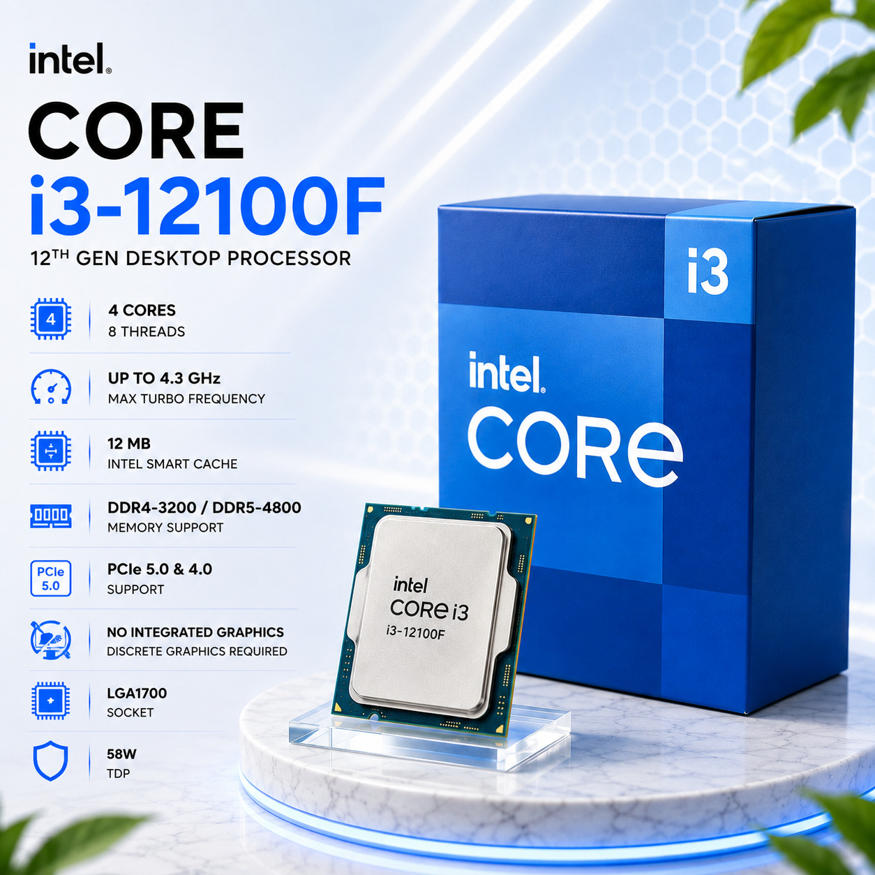 Intel Core i3-12100F Desktop Processor | 4 yadro 8 oqim | LGA1700