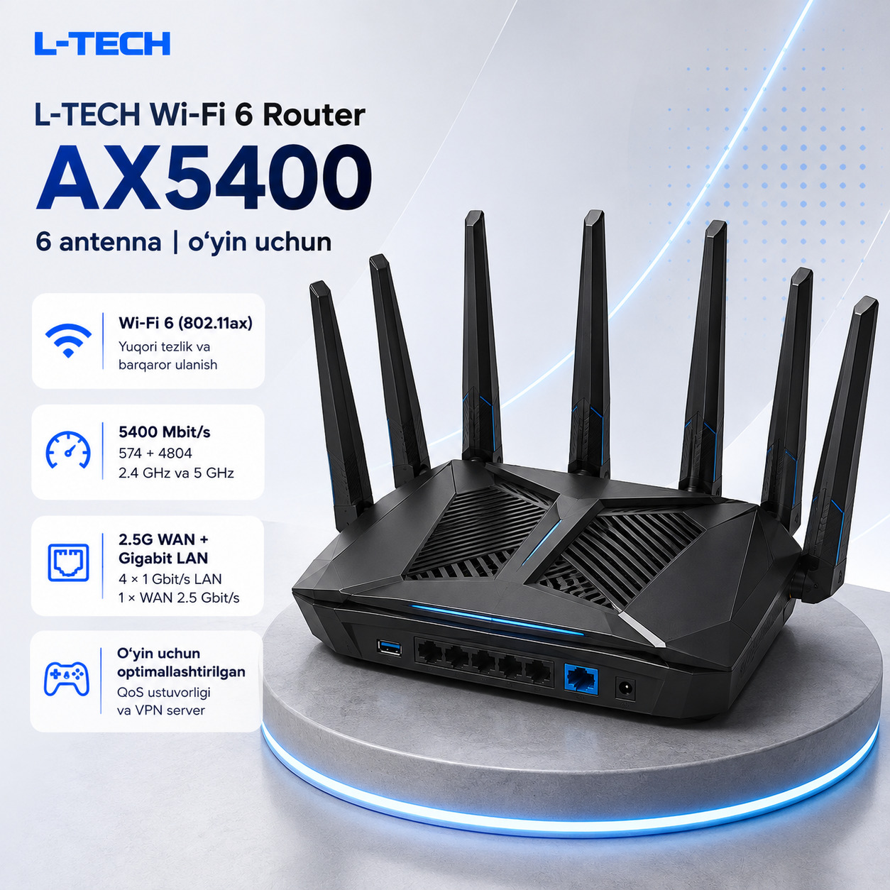 L-TECH Wi-Fi 6 Router AX5400 | 6 antenna | o‘yin uchun