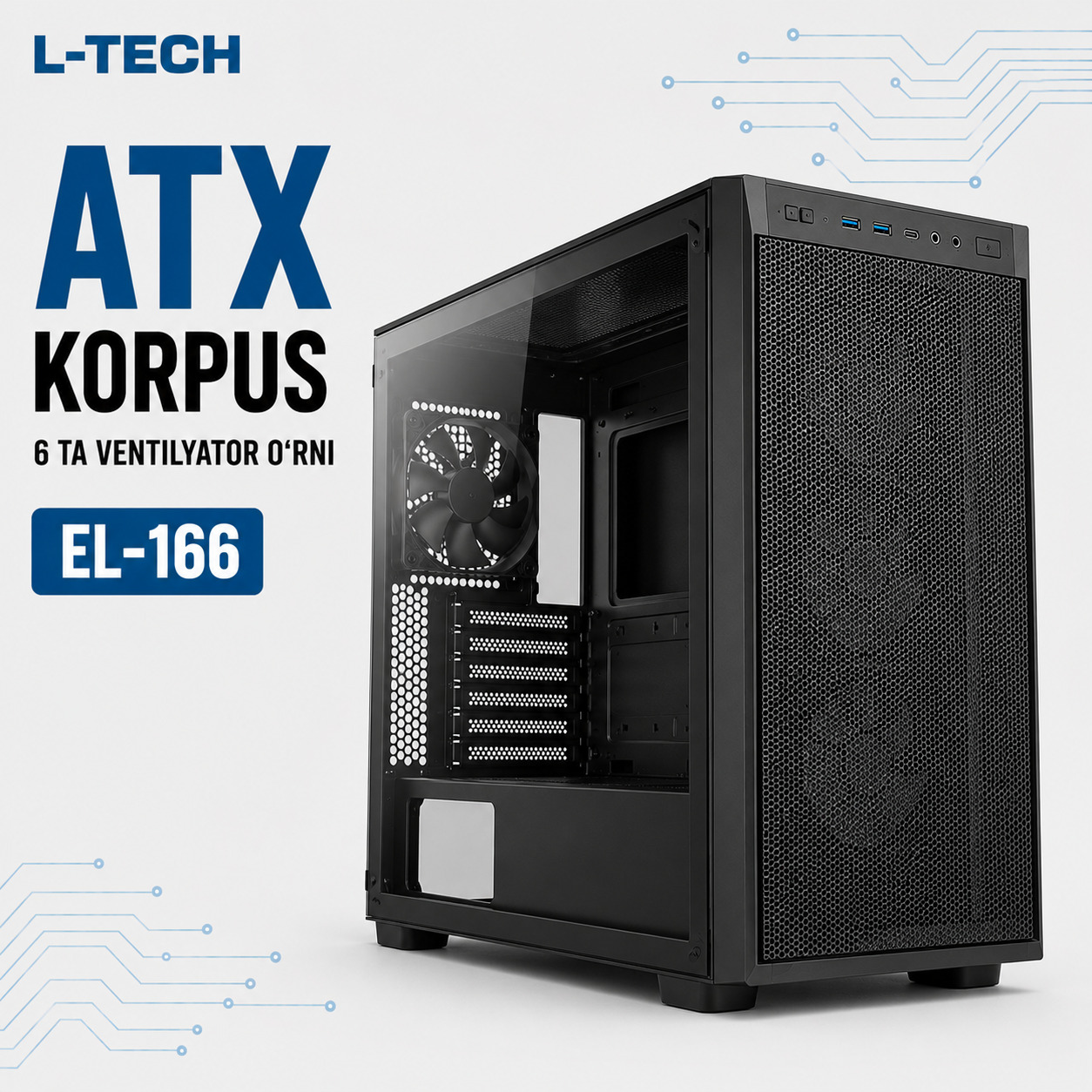 L-TECH ATX Korpus | 6 ta ventilyator o‘rni | qora