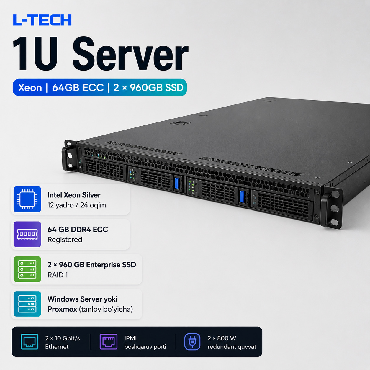 L-TECH 1U Server | Xeon | 64GB ECC | 2 × 960GB SSD