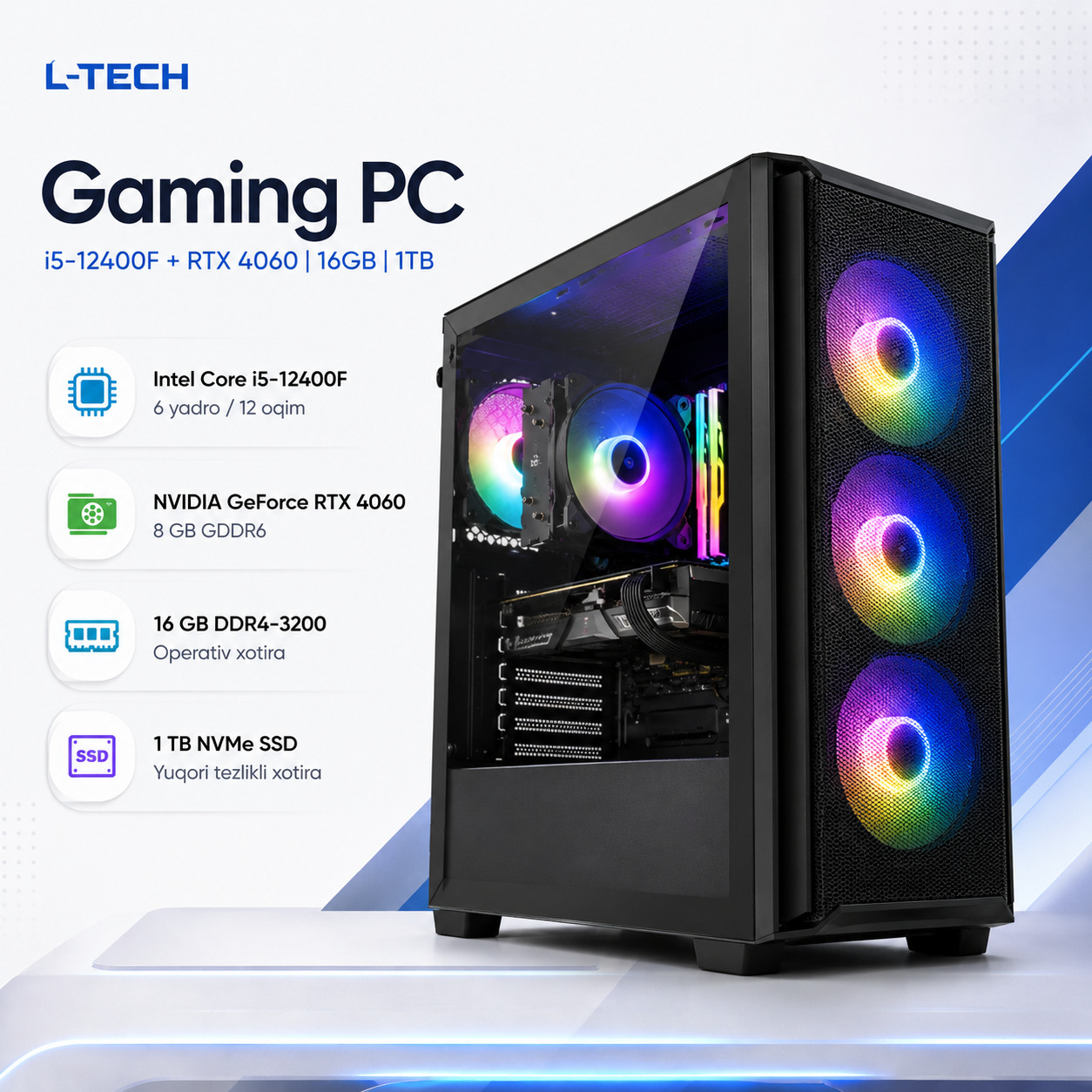 L-TECH Gaming PC | i5-12400F + RTX 4060 | 16GB | 1TB