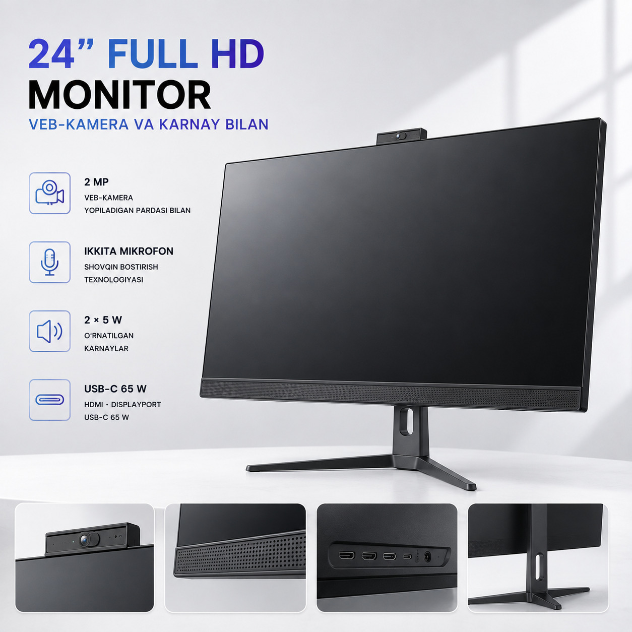 L-TECH 24 dyuym Full HD Monitor | veb-kamera va karnay bilan