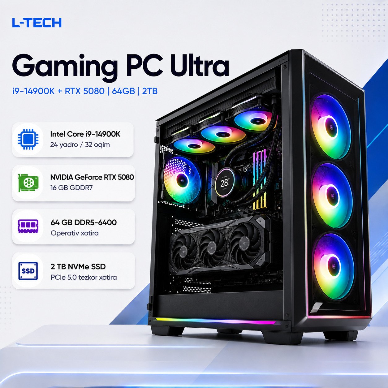 L-TECH Gaming PC Ultra | i9-14900K + RTX 5080 | 64GB | 2TB
