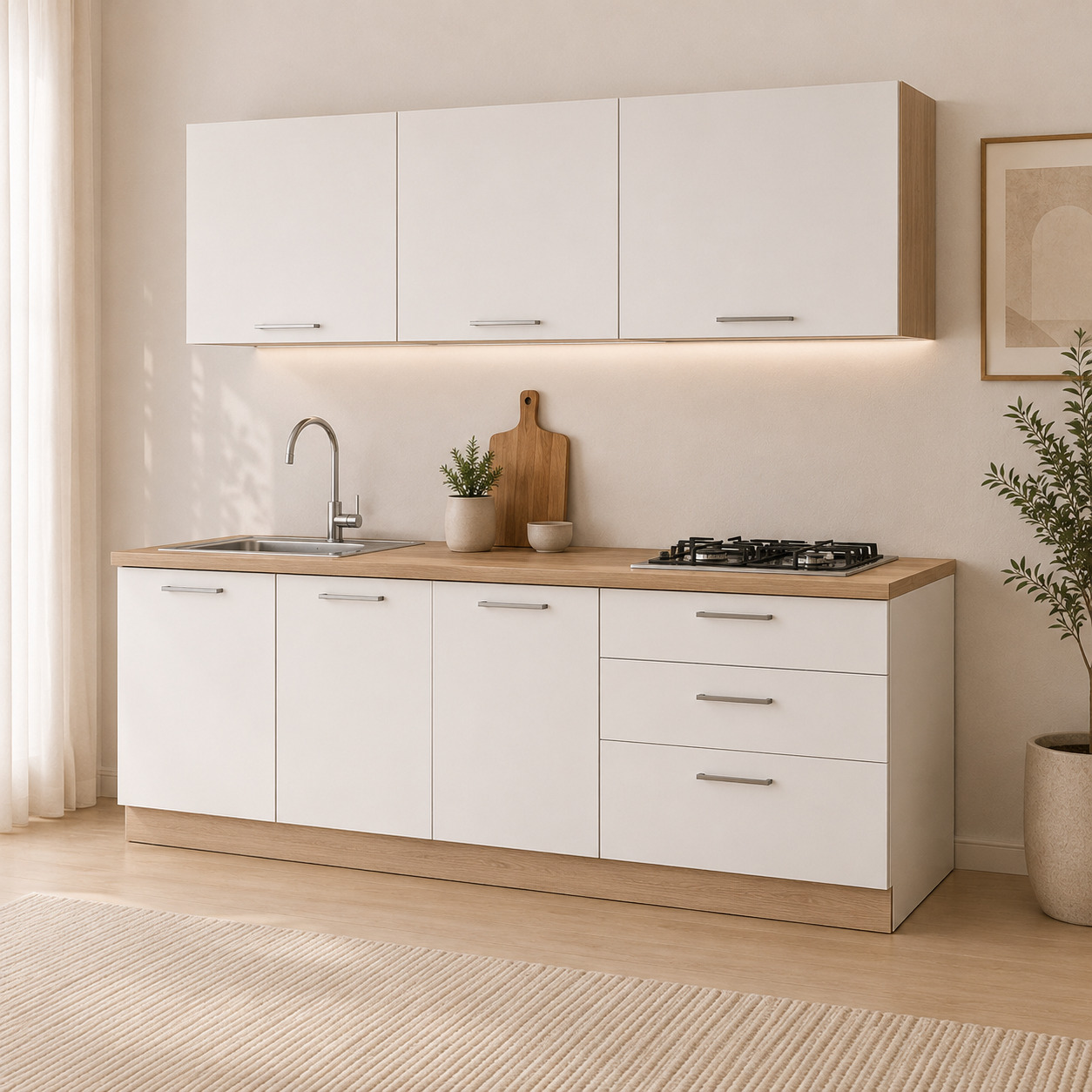 Oshxona garnituri – to‘g‘ri, 2,4 m, oq mat + dub ustki panel (240×60×215 sm)
