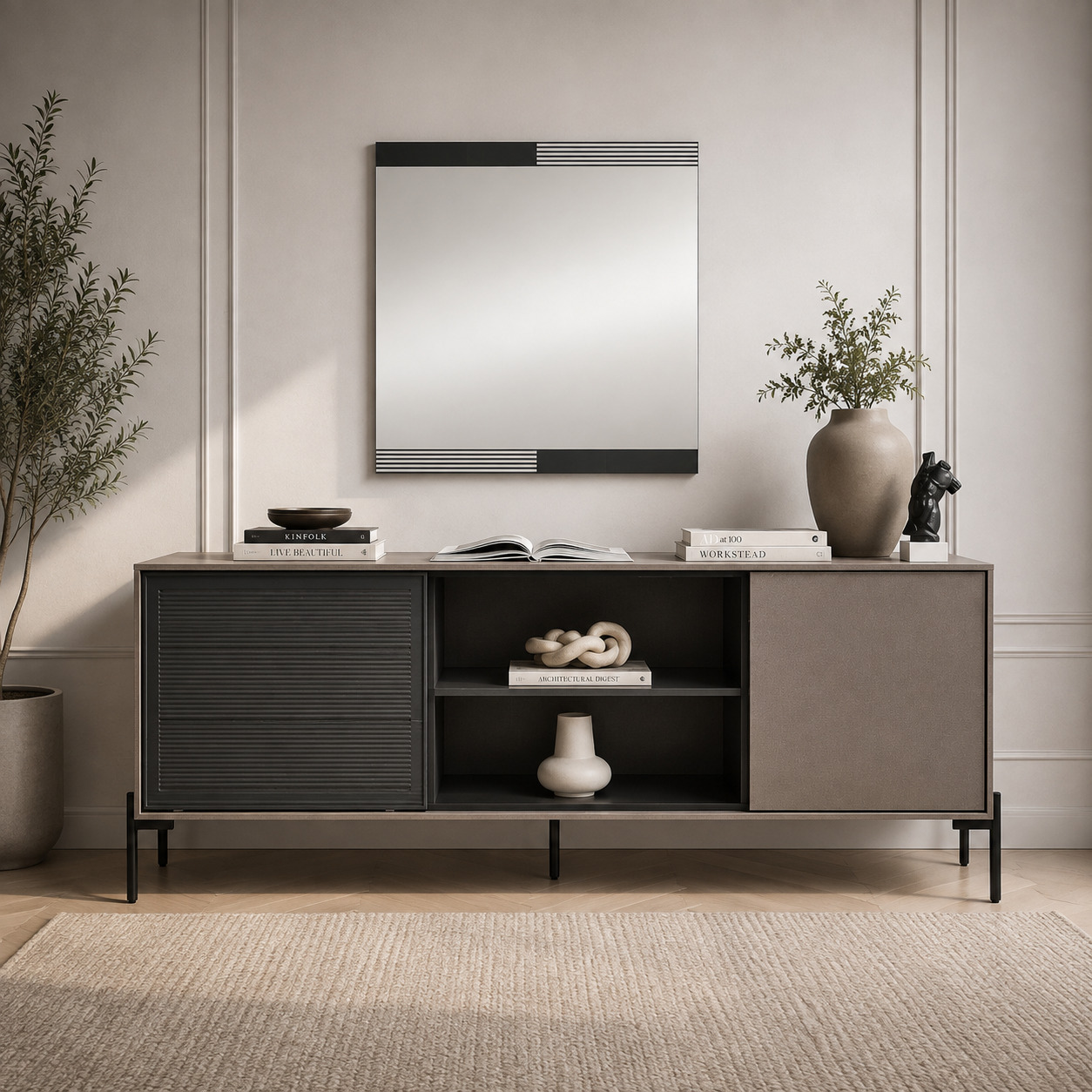 Tumba-sideboard – surma rifleniy eshik, ochiq bo‘lim va zich eshik (180×40×75 sm)