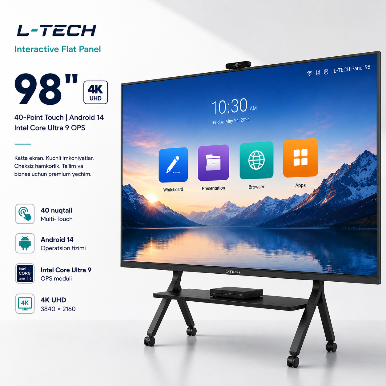 L-TECH Interativ Flat Panel 98 inch 4K UHD 40-Point Touch | Android 14 | Intel Core Ultra 9 OPS