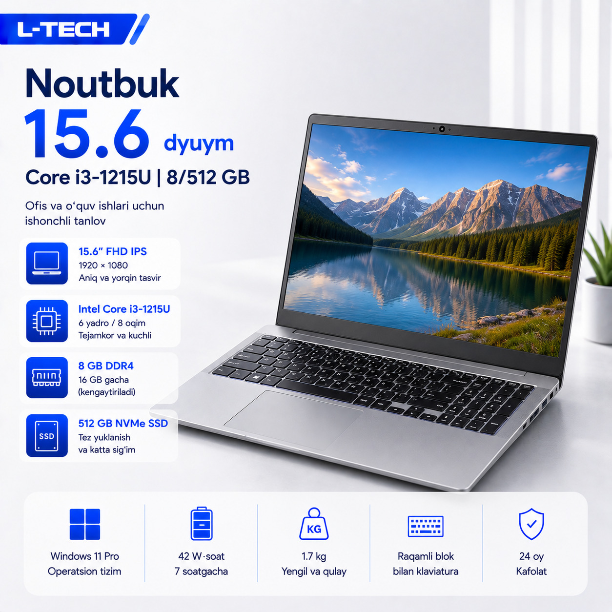 L-TECH Noutbuk 15.6 dyuym | Core i3-1215U | 8/512 GB